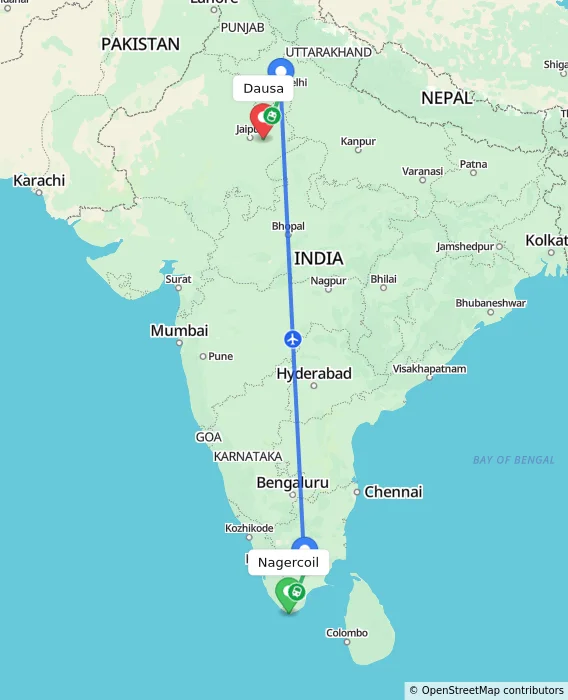 Route map showing distance and travel time from Nagercoil, India to Dausa, India