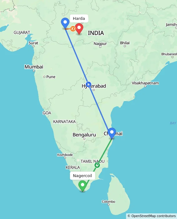 Route map showing distance and travel time from Nagercoil, India to Harda, India