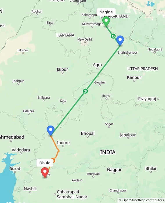 Route map showing distance and travel time from Nagina, India to Dhule, India