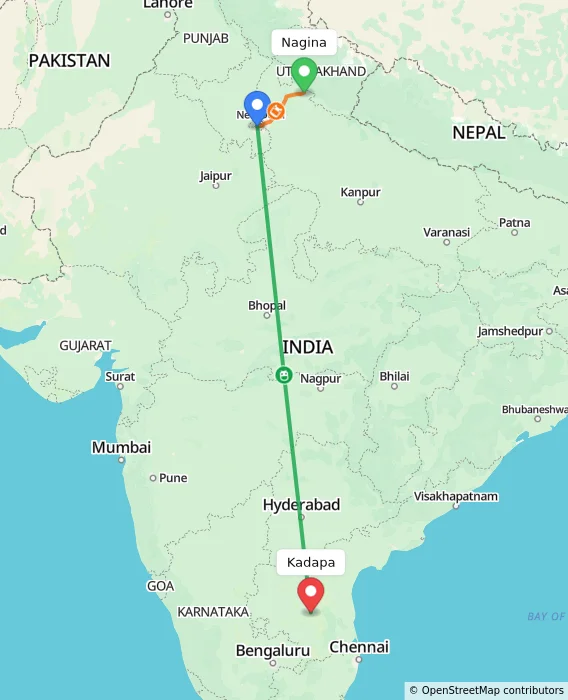 Route map showing distance and travel time from Nagina, India to Kadapa, India