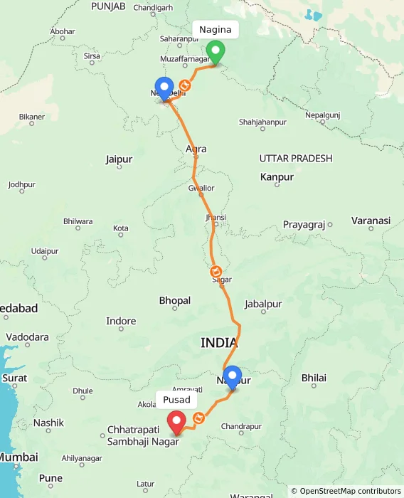 Route map showing distance and travel time from Nagina, India to Pusad, India