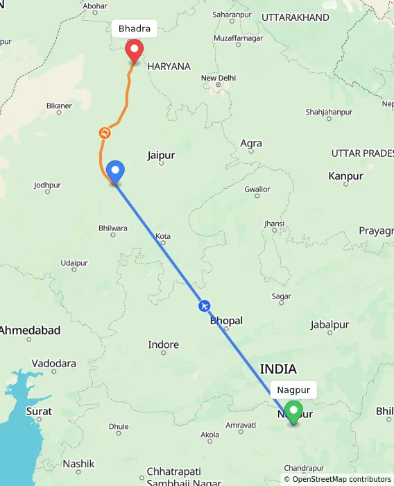 Route map showing distance and travel time from Nagpur, India to Bhadra, India