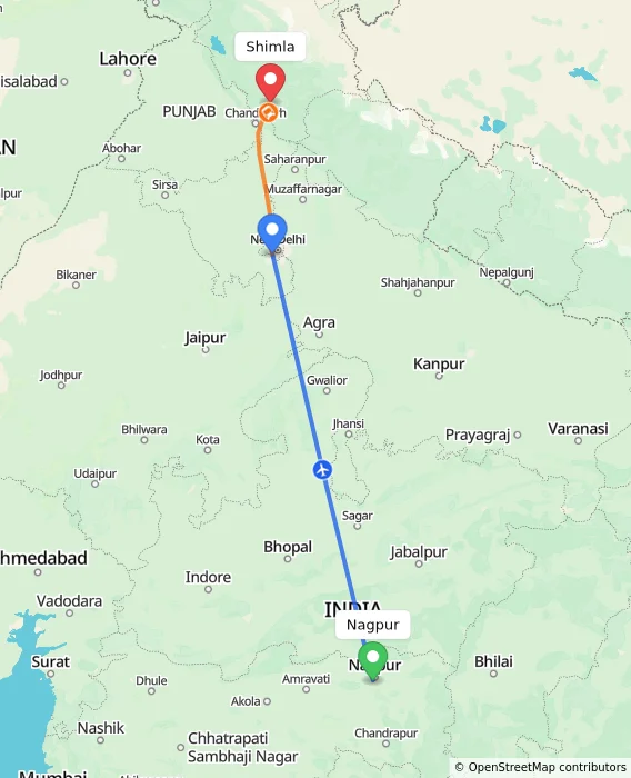 Route map showing distance and travel time from Nagpur, India to Shimla, India