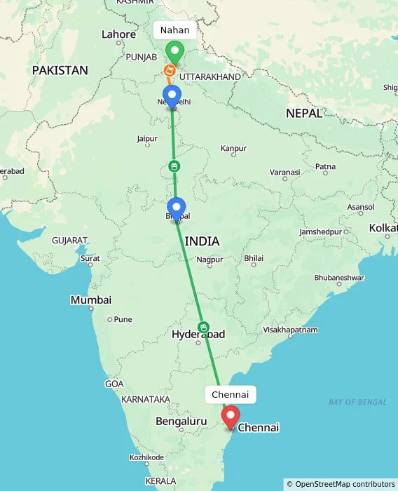 Route map showing distance and travel time from Nahan, India to Chennai, India