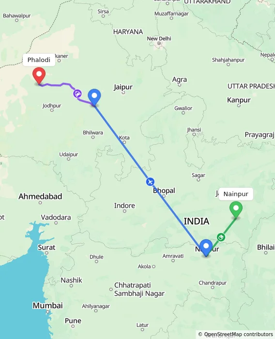 Route map showing distance and travel time from Nainpur, India to Phalodi, India