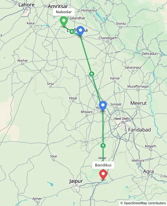 Route map showing distance and travel time from Nakodar, India to Bandikui, India