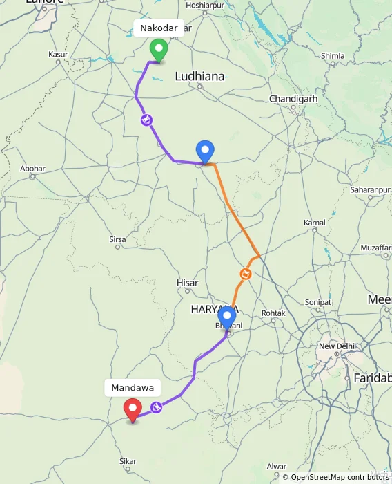Route map showing distance and travel time from Nakodar, India to Mandawa, India