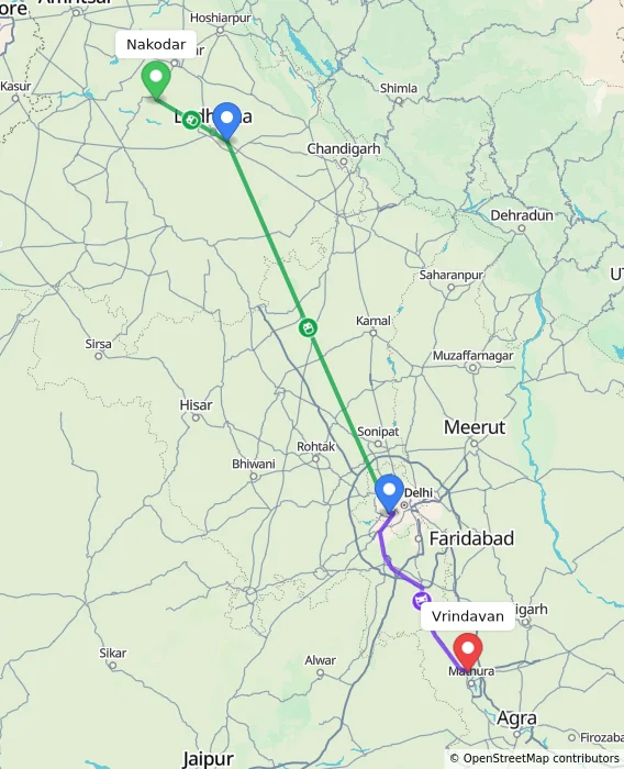 Route map showing distance and travel time from Nakodar, India to Vrindavan, India