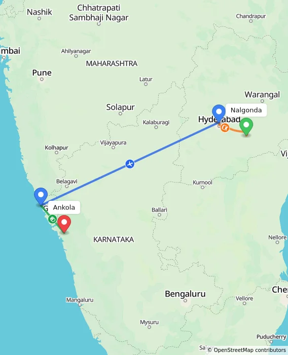 Route map showing distance and travel time from Nalgonda, India to Ankola, India