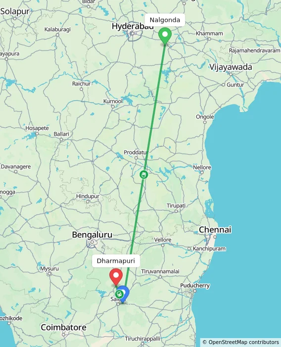 Route map showing distance and travel time from Nalgonda, India to Dharmapuri, India