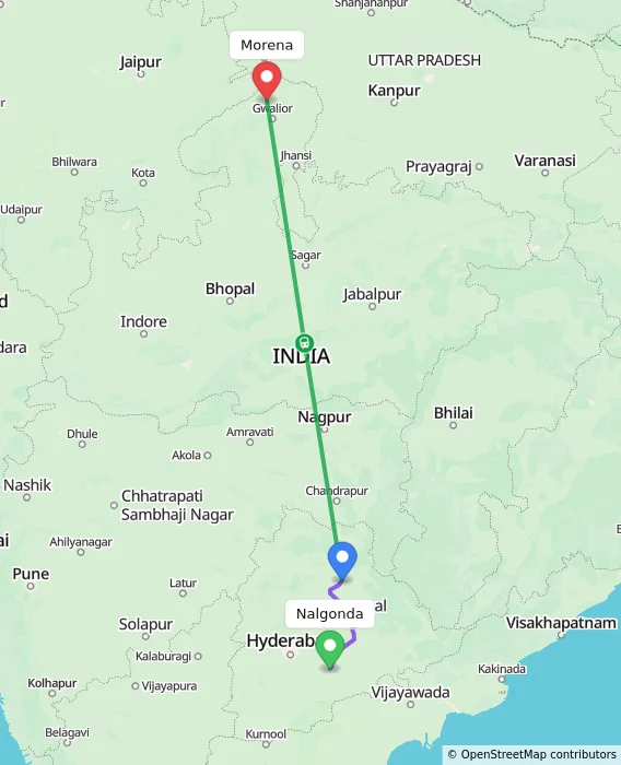 Route map showing distance and travel time from Nalgonda, India to Morena, India