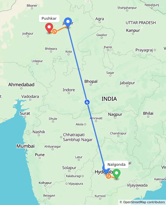 Route map showing distance and travel time from Nalgonda, India to Pushkar, India