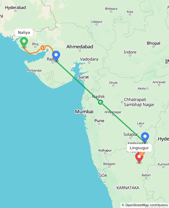 Route map showing distance and travel time from Naliya, India to Lingsugur, India