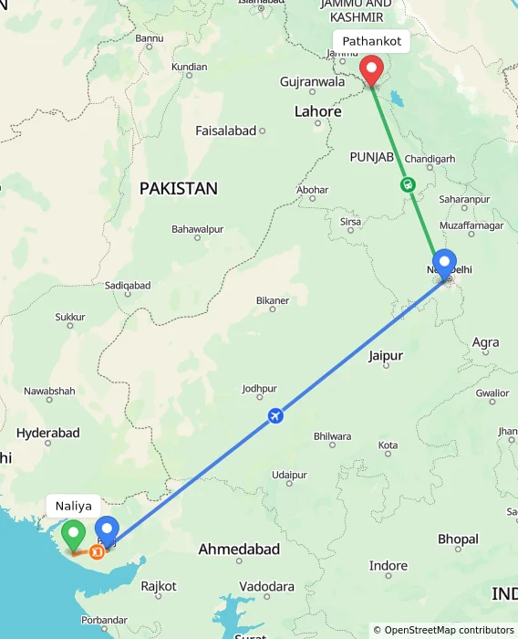 Route map showing distance and travel time from Naliya, India to Pathankot, India