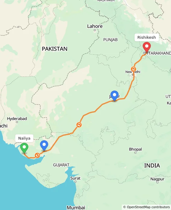 Route map showing distance and travel time from Naliya, India to Rishikesh, India