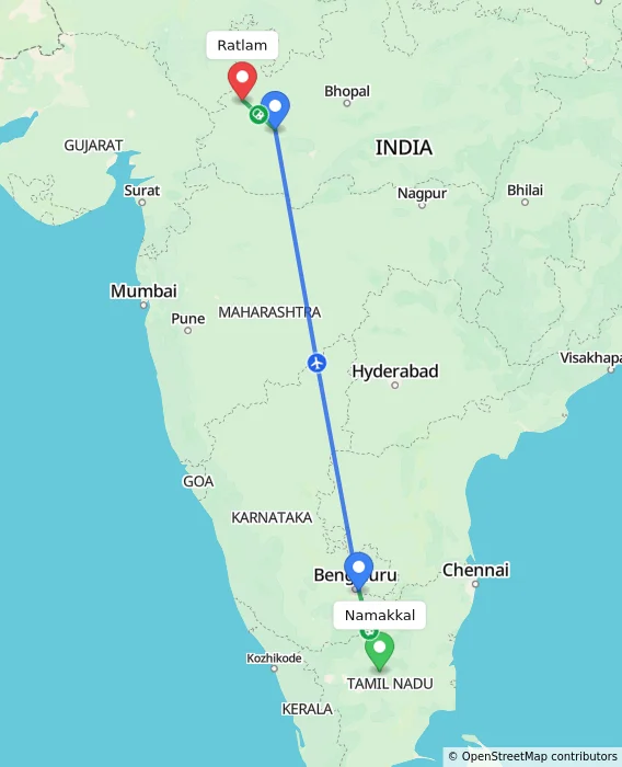 Route map showing distance and travel time from Namakkal, India to Ratlam, India