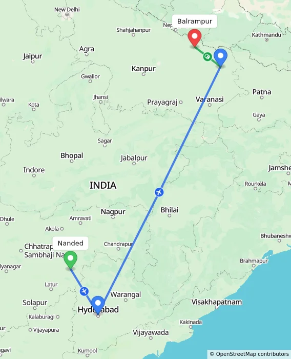 Route map showing distance and travel time from Nanded, India to Balrampur, India