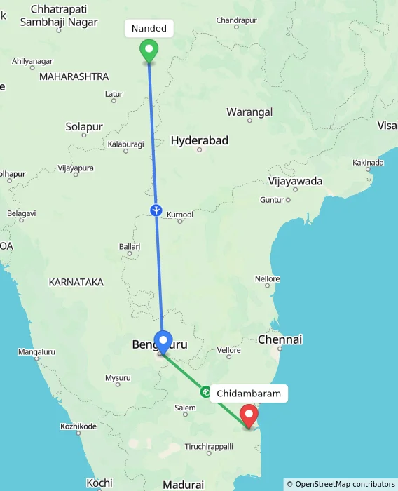 Route map showing distance and travel time from Nanded, India to Chidambaram, India