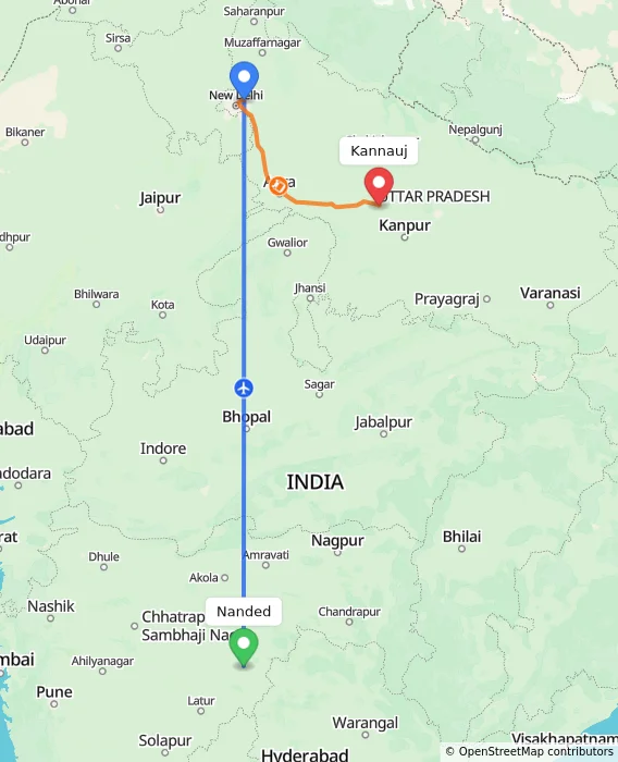 Route map showing distance and travel time from Nanded, India to Kannauj, India