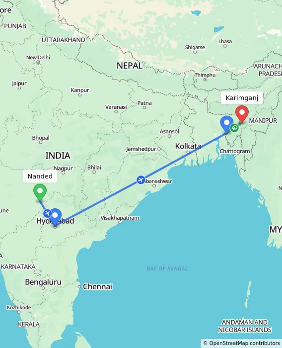 Route map showing distance and travel time from Nanded, India to Karimganj, India