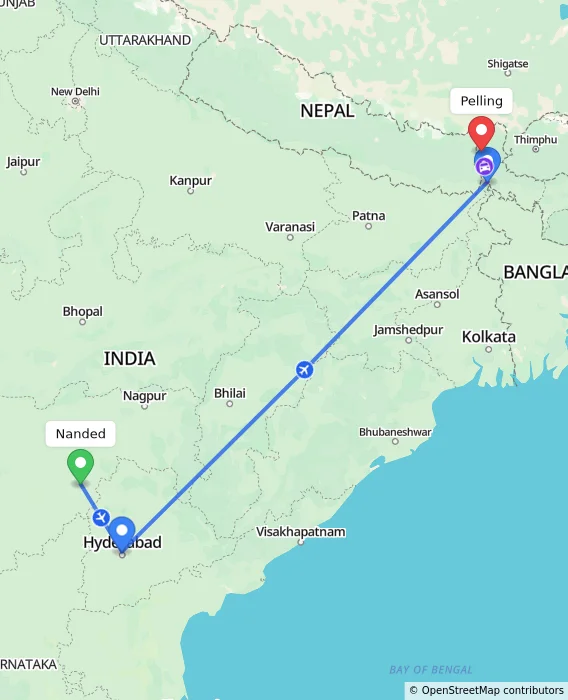 Route map showing distance and travel time from Nanded, India to Pelling, India
