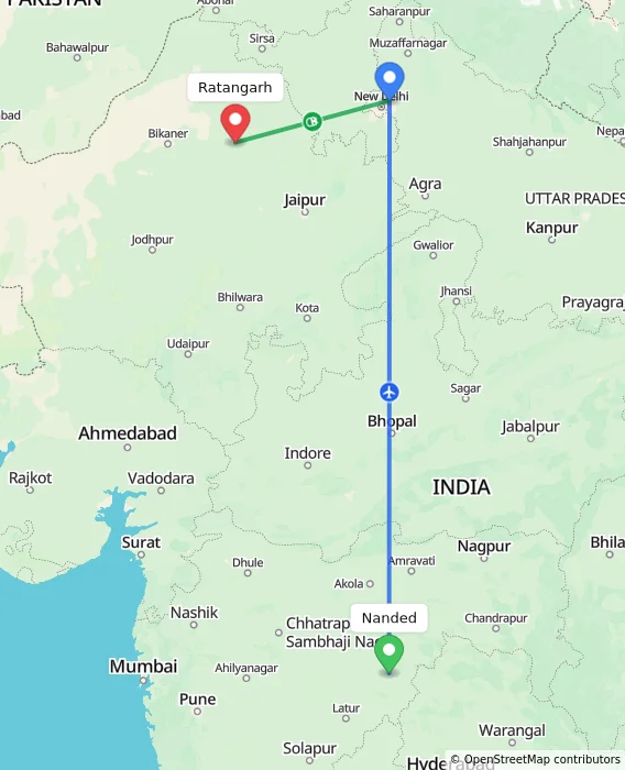 Route map showing distance and travel time from Nanded, India to Ratangarh, India