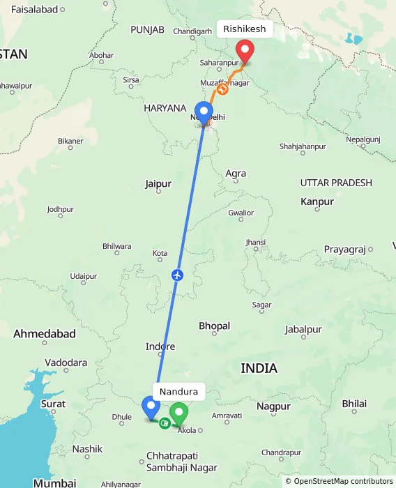 Route map showing distance and travel time from Nandura, India to Rishikesh, India