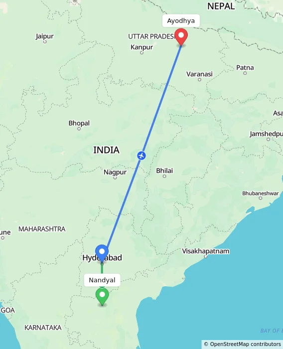 Route map showing distance and travel time from Nandyal, India to Ayodhya, India