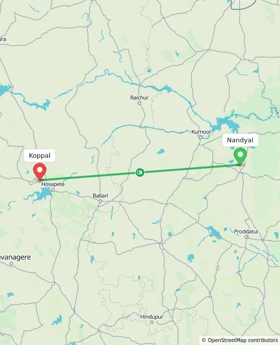 Route map showing distance and travel time from Nandyal, India to Koppal, India