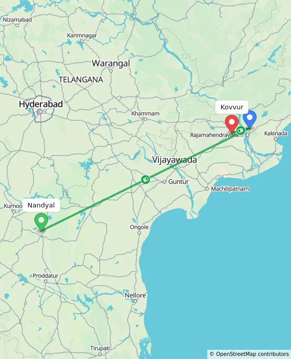 Route map showing distance and travel time from Nandyal, India to Kovvur, India