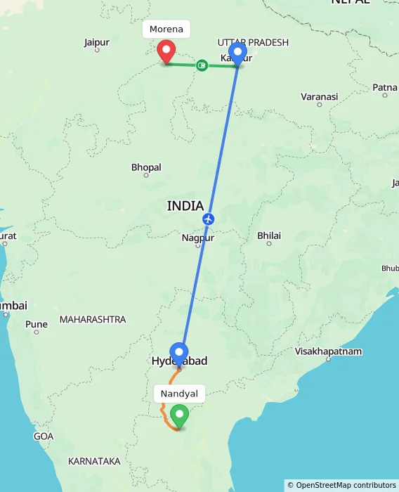 Route map showing distance and travel time from Nandyal, India to Morena, India