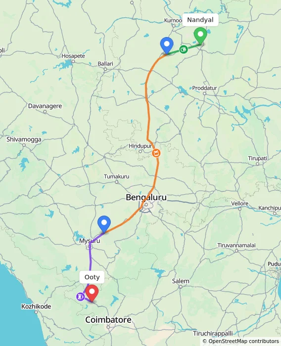 Route map showing distance and travel time from Nandyal, India to Ooty, India