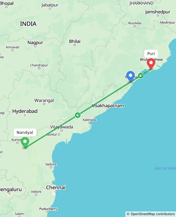 Route map showing distance and travel time from Nandyal, India to Puri, India