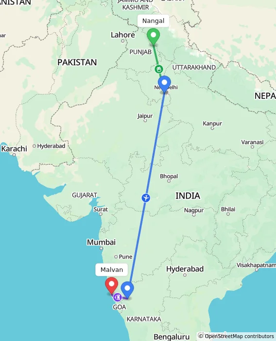 Route map showing distance and travel time from Nangal, India to Malvan, India