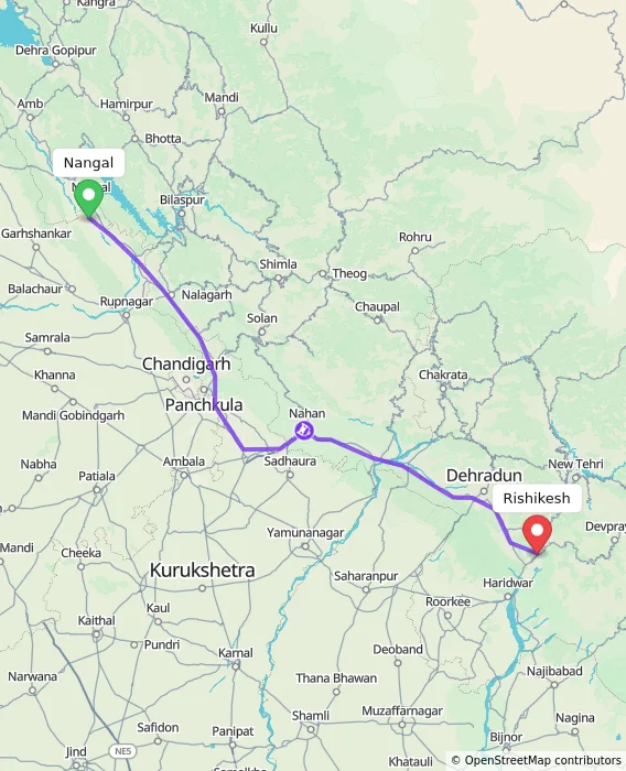 Route map showing distance and travel time from Nangal, India to Rishikesh, India