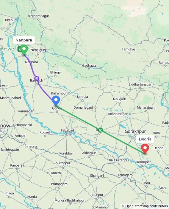 Route map showing distance and travel time from Nanpara, India to Deoria, India