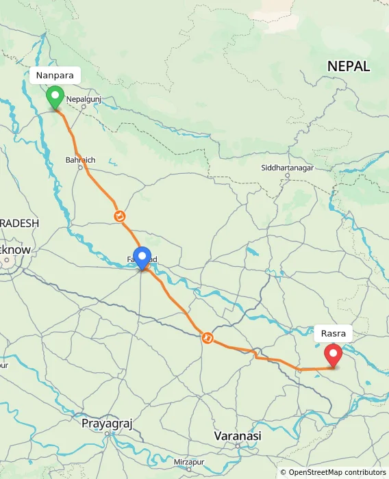 Route map showing distance and travel time from Nanpara, India to Rasra, India