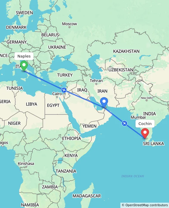 Route map showing distance and travel time from Naples, Italy to Cochin, India