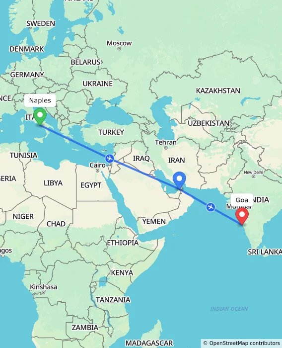 Route map showing distance and travel time from Naples, Italy to Goa, India