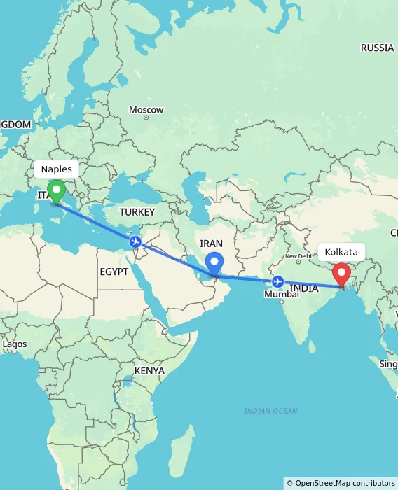 Route map showing distance and travel time from Naples, Italy to Kolkata, India