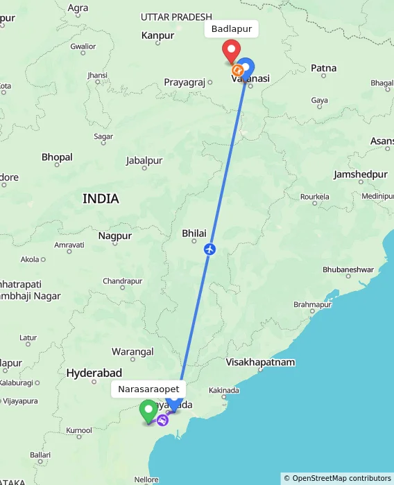Route map showing distance and travel time from Narasaraopet, India to Badlapur, India