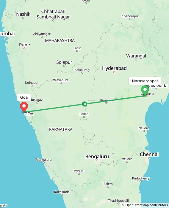 Route map showing distance and travel time from Narasaraopet, India to Goa, India