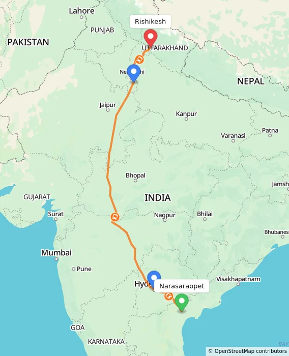 Route map showing distance and travel time from Narasaraopet, India to Rishikesh, India