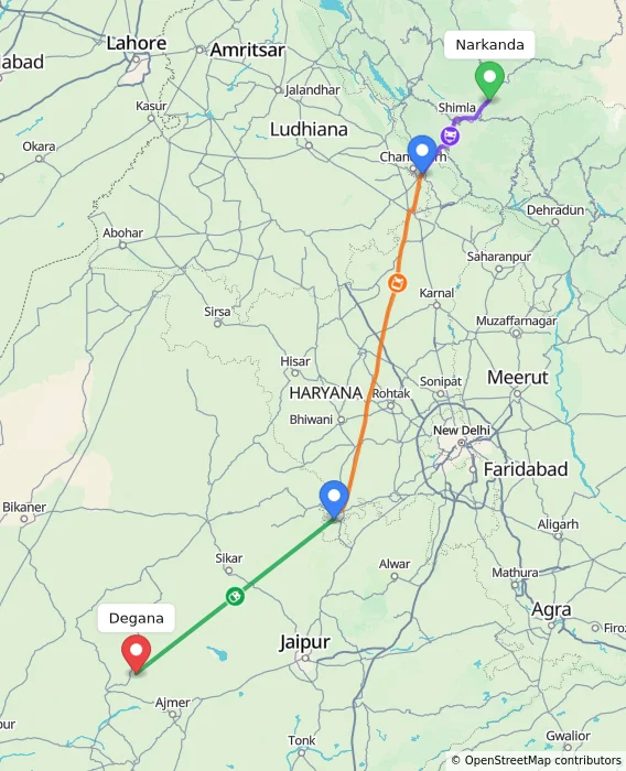 Route map showing distance and travel time from Narkanda, India to Degana, India