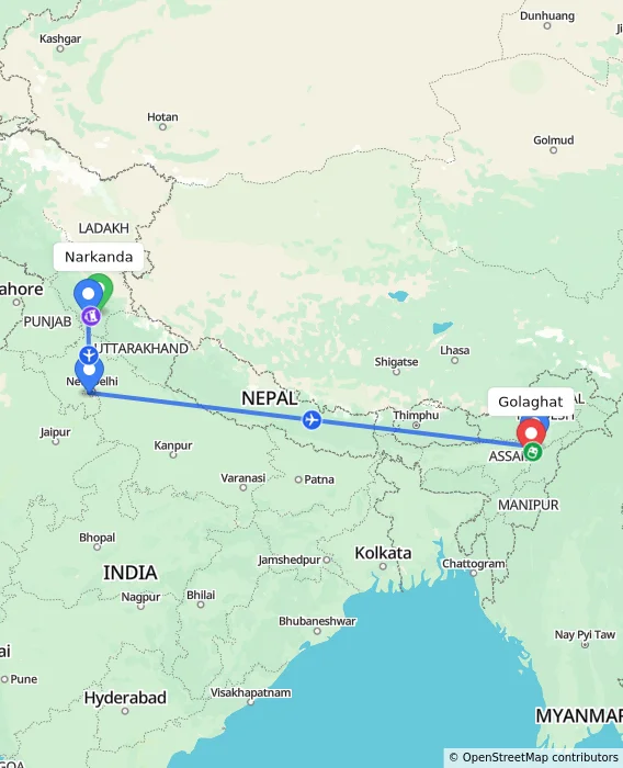 Route map showing distance and travel time from Narkanda, India to Golaghat, India