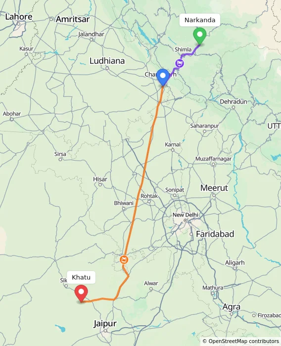Route map showing distance and travel time from Narkanda, India to Khatu, India