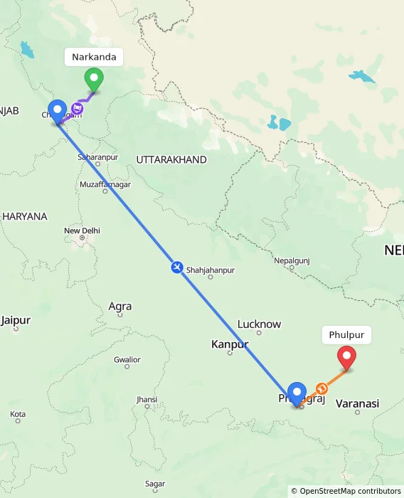 Route map showing distance and travel time from Narkanda, India to Phulpur, India