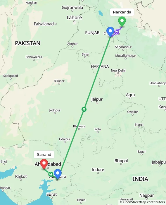 Route map showing distance and travel time from Narkanda, India to Sanand, India