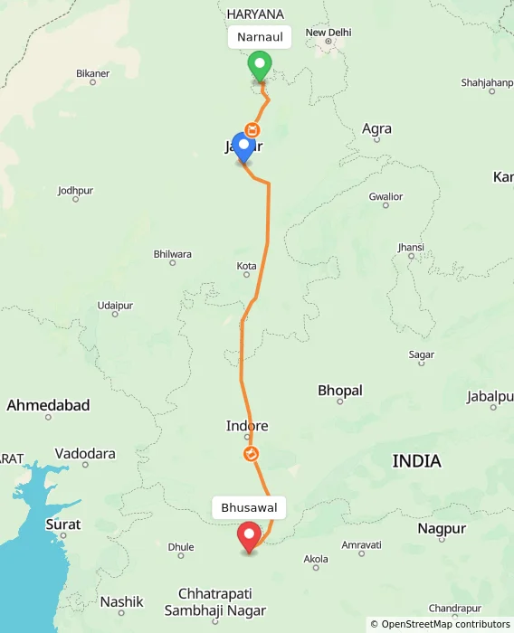 Route map showing distance and travel time from Narnaul, India to Bhusawal, India