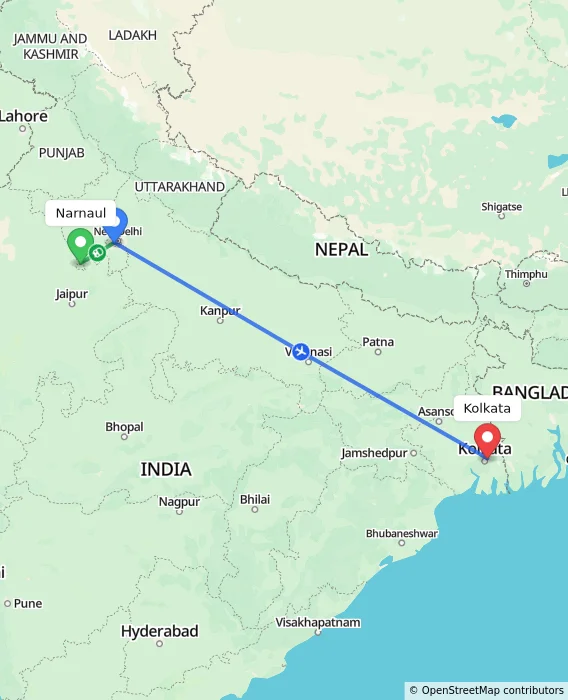 Route map showing distance and travel time from Narnaul, India to Kolkata, India